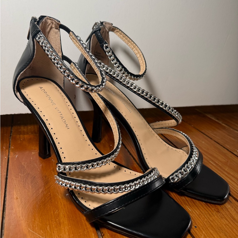 Adrienne Vittadini Black Chain-Strap High Heel Sandals